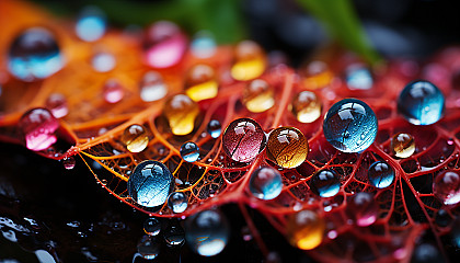 Droplets of dew on a spider's web, refracting light into a rainbow of colors.