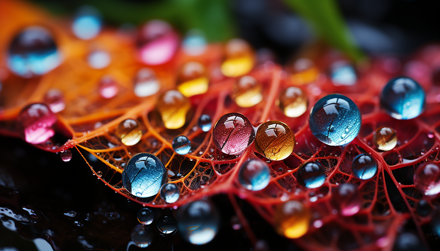 Droplets of dew on a spider's web, refracting light into a rainbow of colors.
