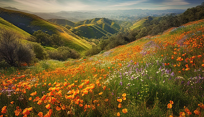 Rolling hills with fields of vibrant wildflowers in bloom.