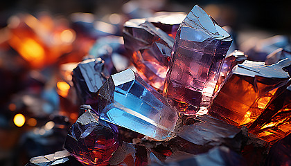 A macro image of a crystal formation, showing geometric patterns and colors.