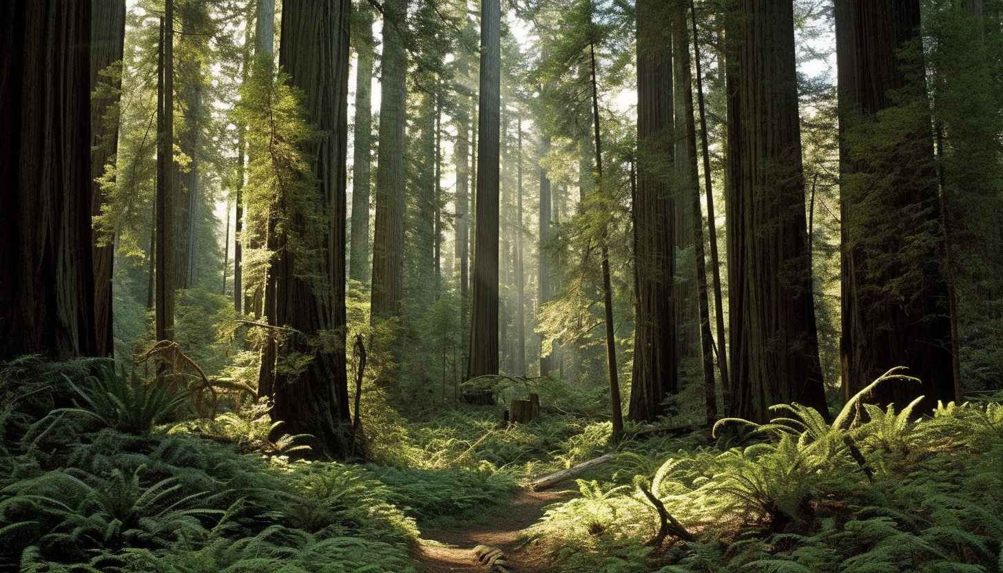 Majestic redwood trees towering in an ancient forest.