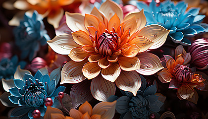 Extreme close-up of the inside of a blooming flower, focusing on the intricate structures and vibrant colors.