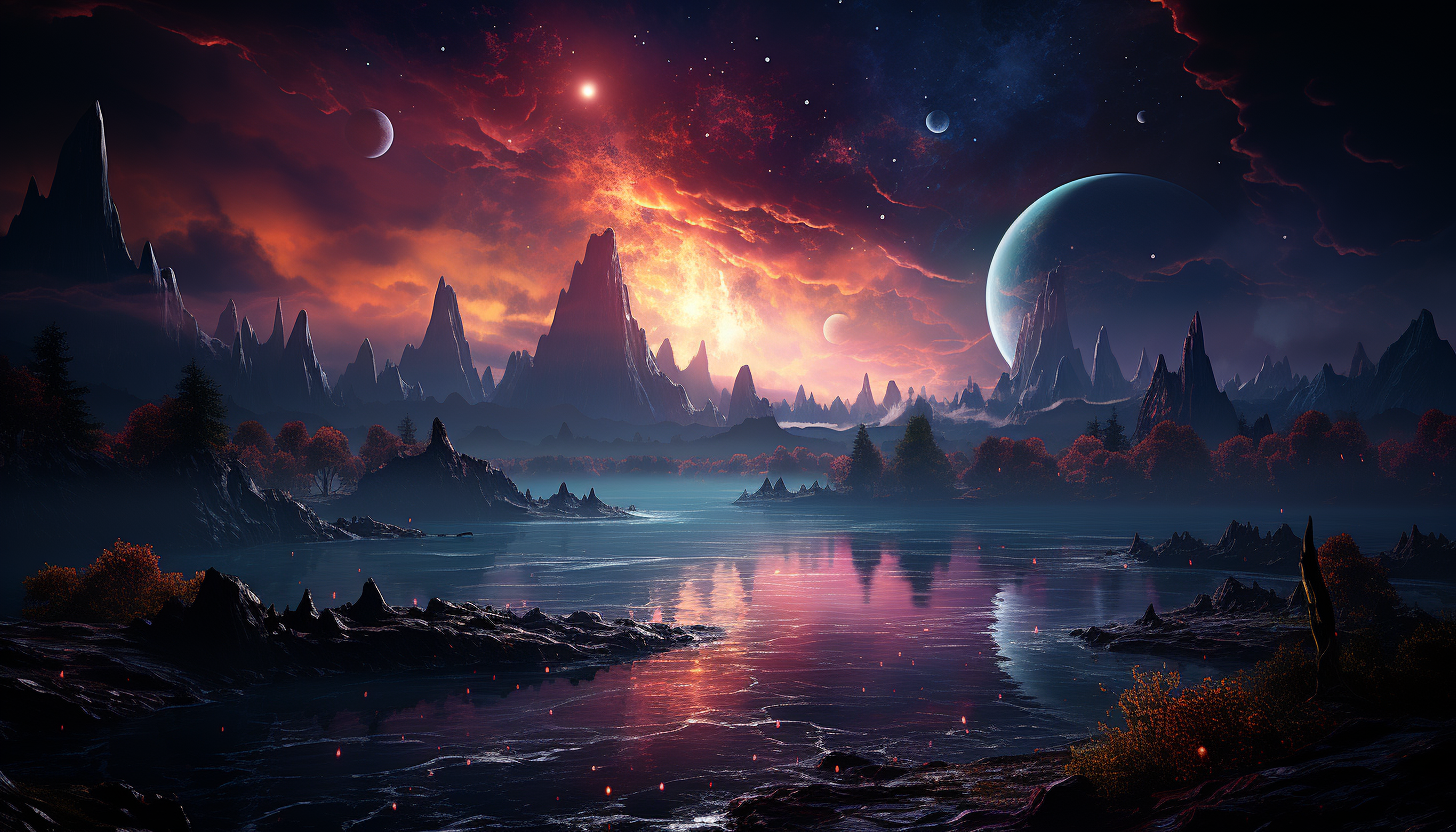 A planet bathed in the colorful light of a nearby twin star system.