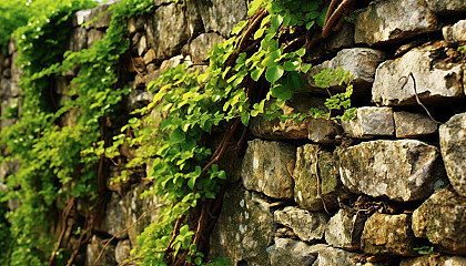 Vines creeping up an ancient stone wall.