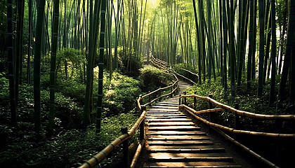 A winding path disappearing into a thick bamboo forest.