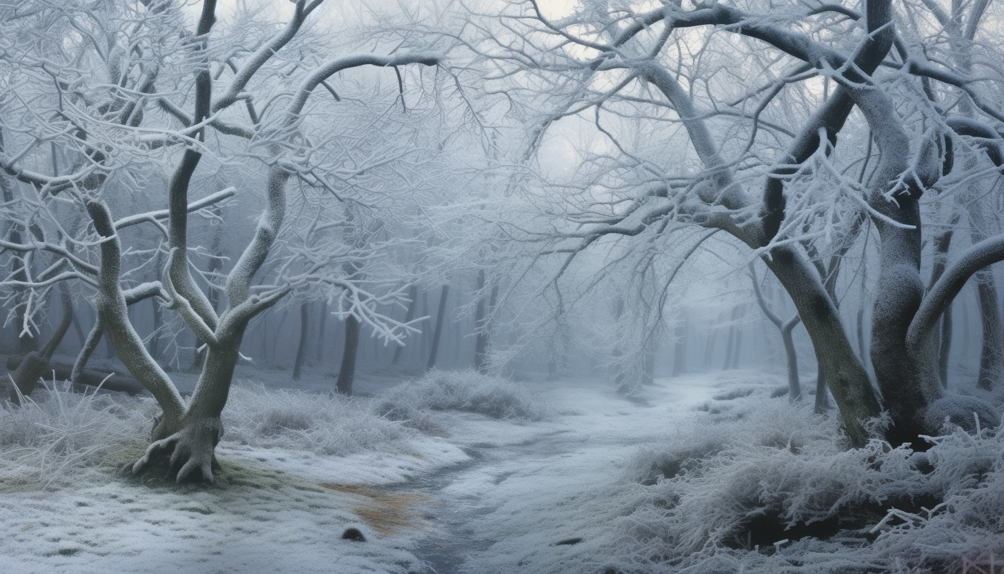 Frost-covered landscapes, with delicate ice crystals adorning branches and leaves.