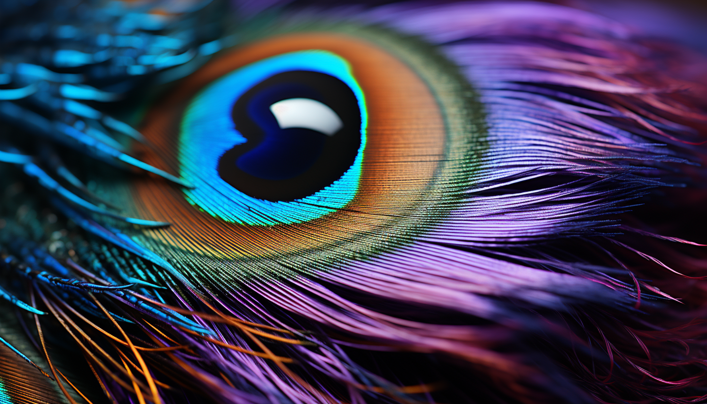 Macro view of a peacock feather revealing the beautiful details and color gradients.