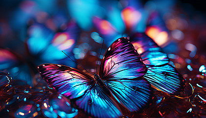 Macro shot of iridescent butterfly wings displaying intricate patterns.