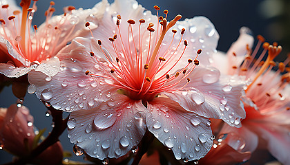 Macro shot of pollen-dusted stamen and petals of a blooming flower.