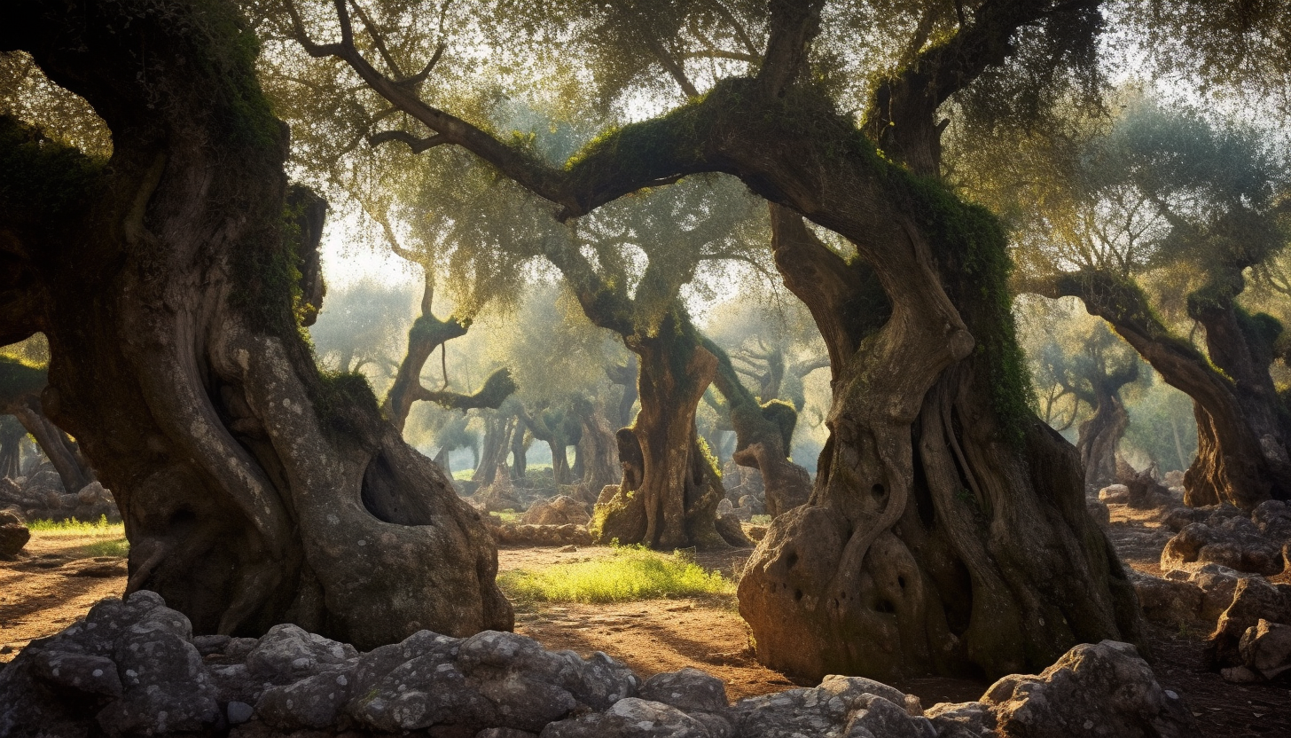 A grove of ancient, gnarled olive trees.