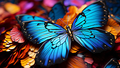 Close-up of vibrant butterfly wings showing intricate patterns and hues.