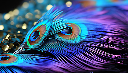 The iridescent sheen of a peacock feather up close.