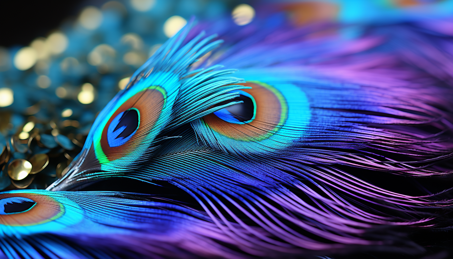 The iridescent sheen of a peacock feather up close.