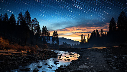 Star trails illuminating the sky over a tranquil, untouched wilderness.