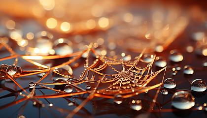 Close-up of dew-covered spiderwebs shimmering in the morning light.