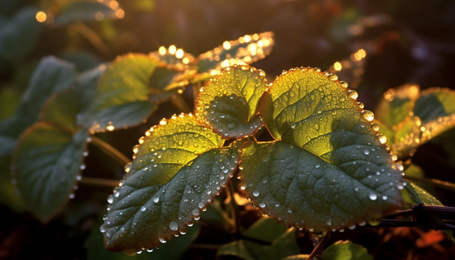 Close-up of dew-kissed leaves in the early morning light.