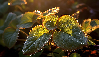 Close-up of dew-kissed leaves in the early morning light.