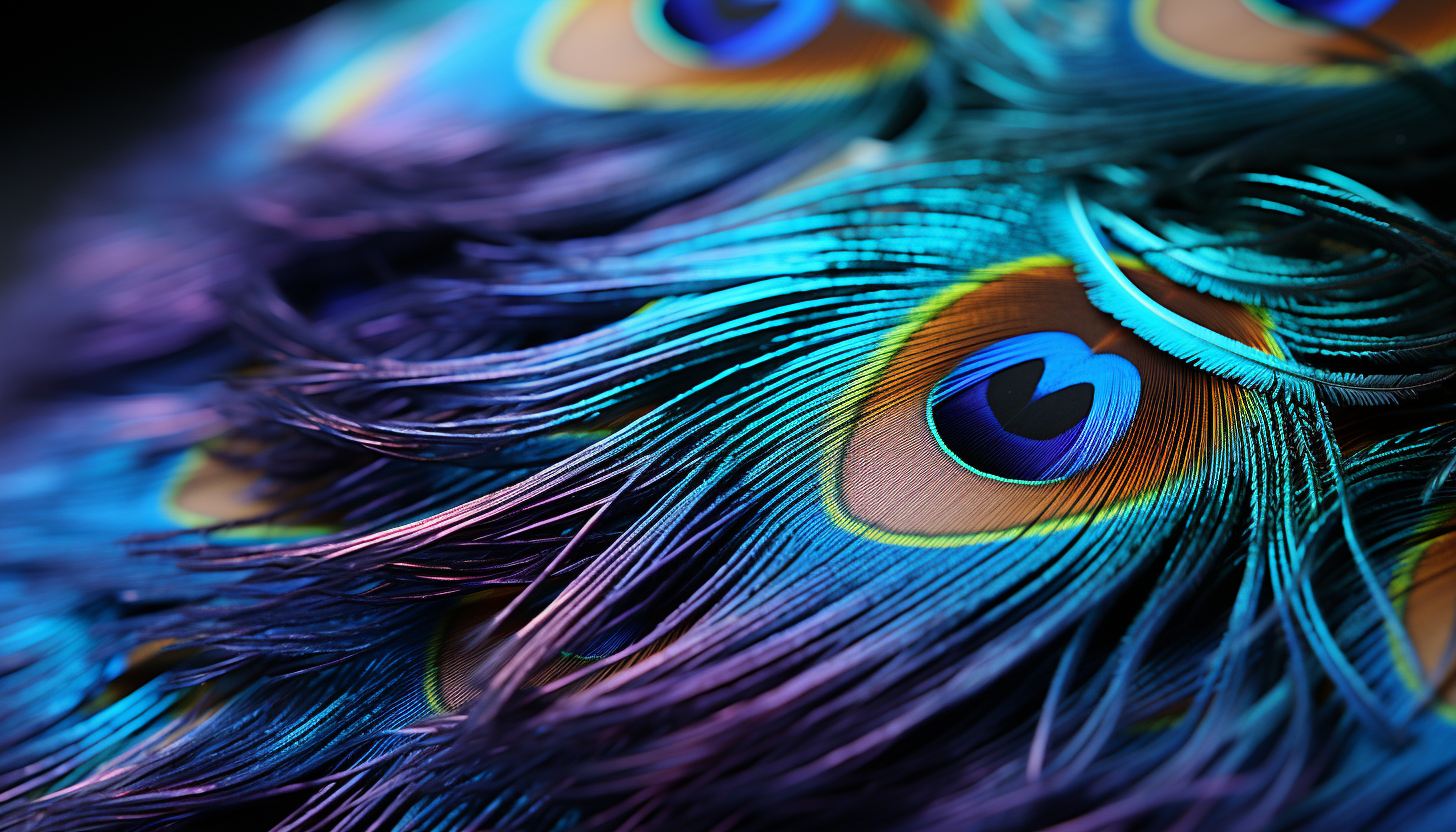 A close-up of a peacock feather, revealing its intricate patterns and colors.