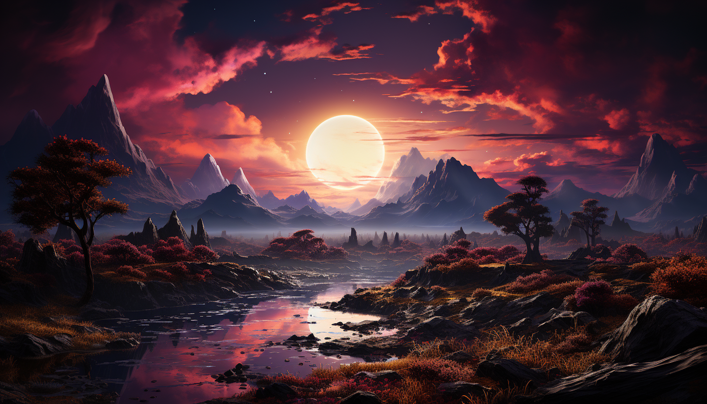 An alien landscape from a distant, colorful exoplanet.