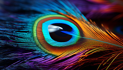 The radiant hues of a peacock feather captured in detail.