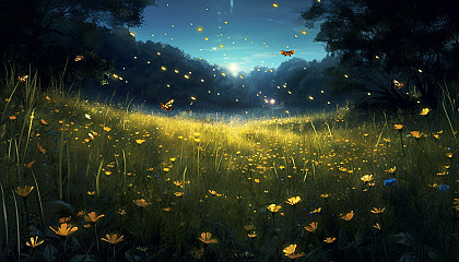 Fireflies glowing in a lush, summer meadow at dusk.