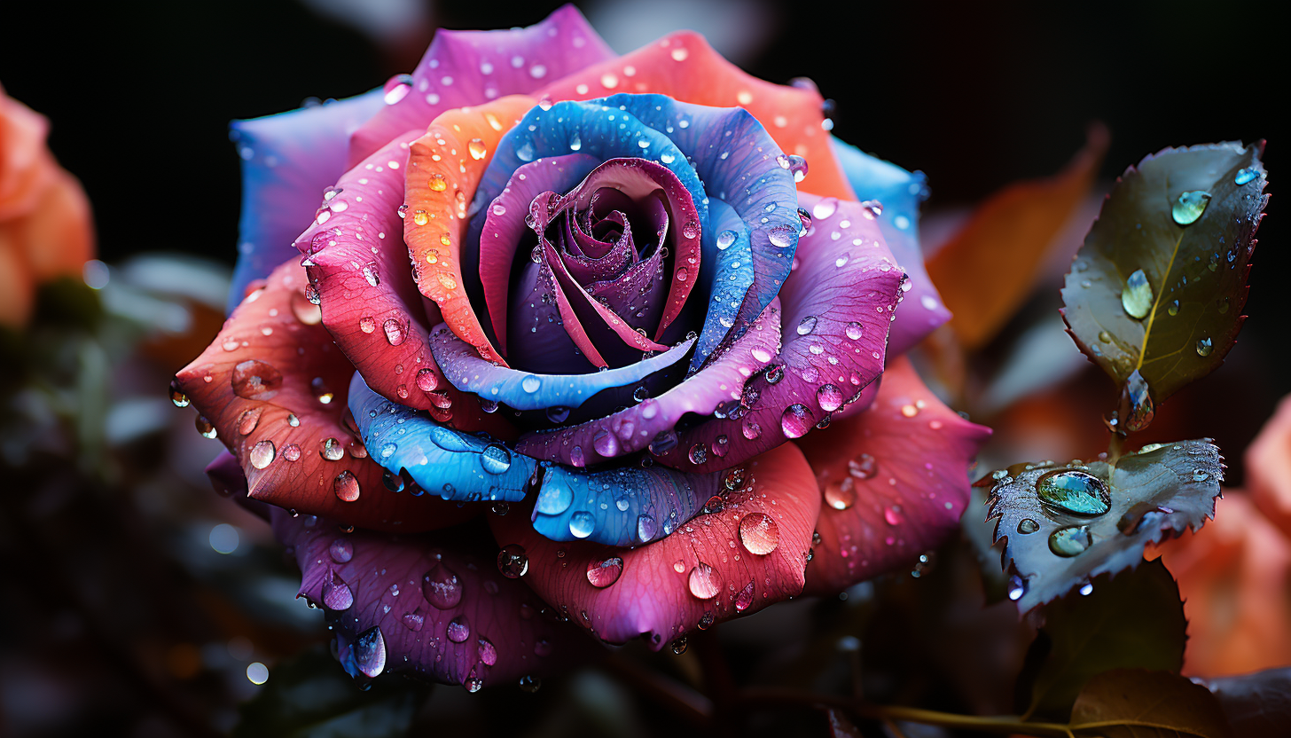 A macro shot of a dew-kissed rose with vivid colors.