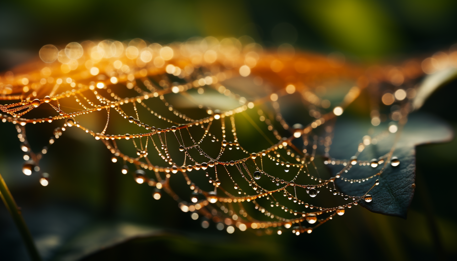 A macro shot of morning dew on a spider's web.