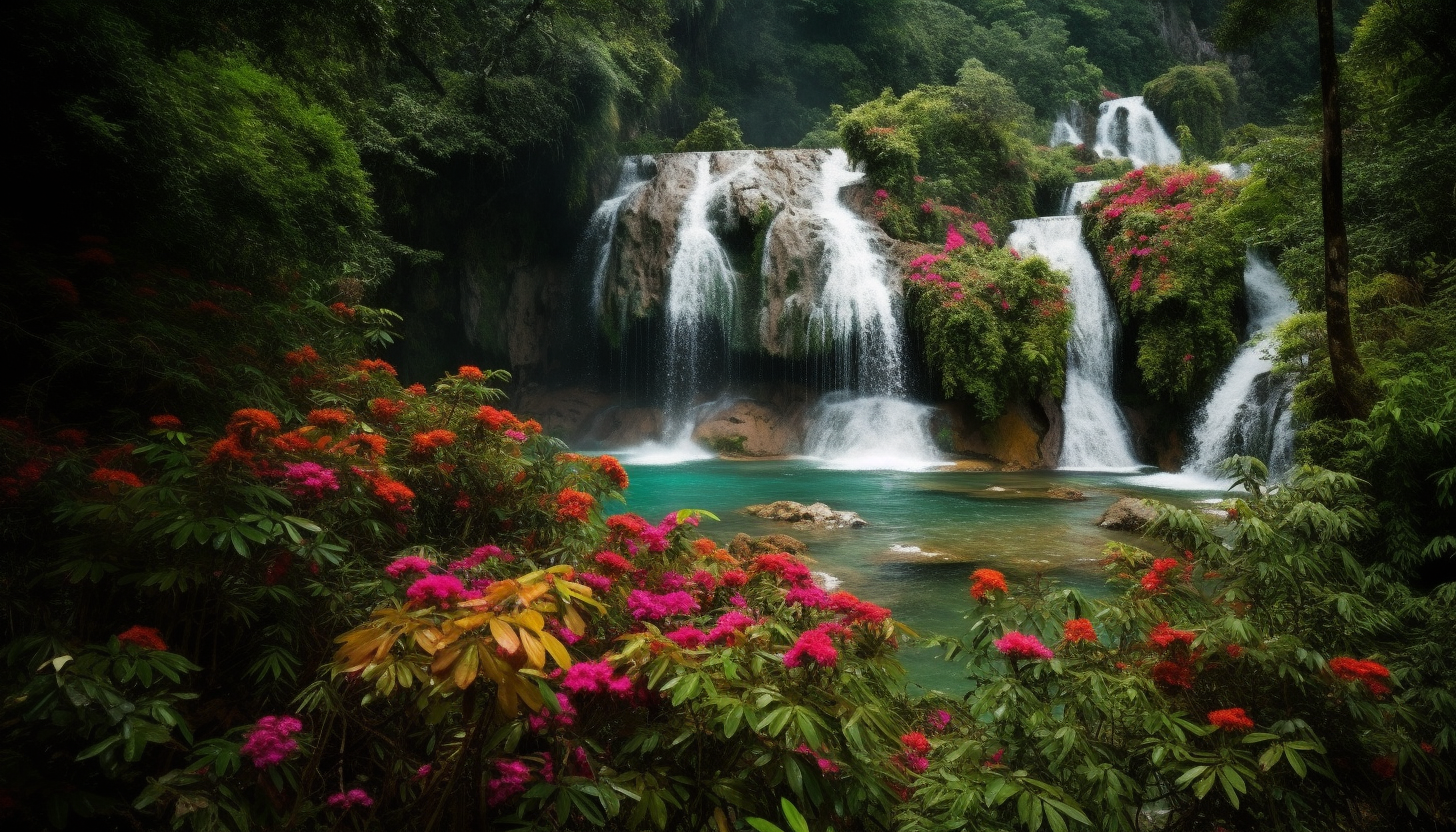 Serene waterfalls surrounded by lush vegetation and vibrant flowers.