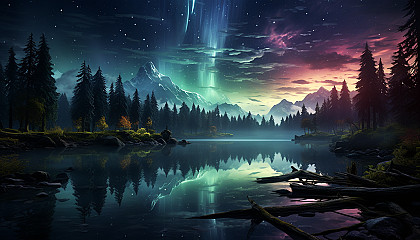 Aurora Borealis reflecting off the surface of a tranquil lake.