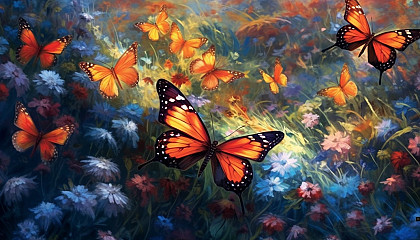 A kaleidoscope of butterflies fluttering over a field of flowers.