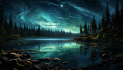 A starry night sky reflecting off the surface of a still lake.