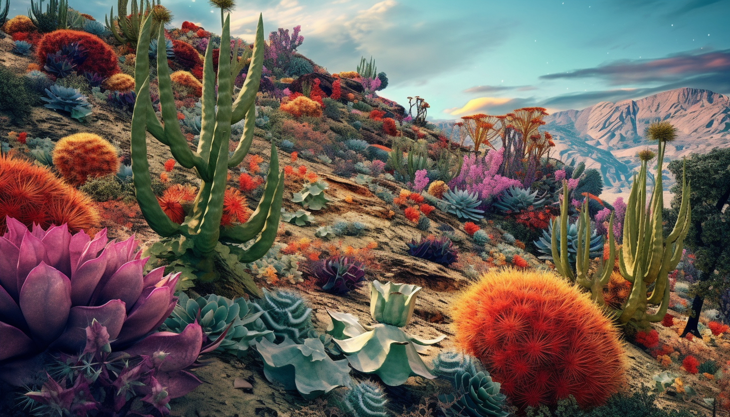 Vividly colored succulents in a desert landscape.