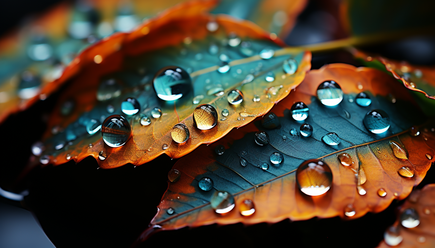 Dewdrops magnifying the vibrant veins of a leaf in a macro shot.