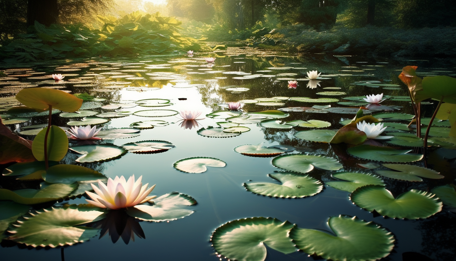 A tranquil pond filled with water lilies in full bloom.