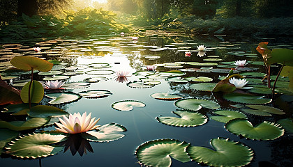 A tranquil pond filled with water lilies in full bloom.