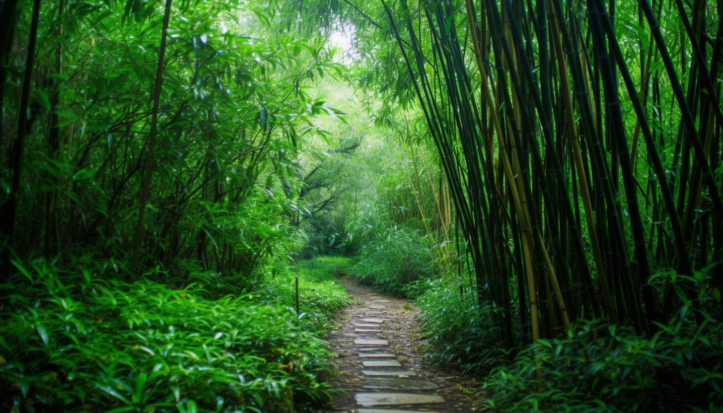 A rugged path winding through a dense bamboo forest.