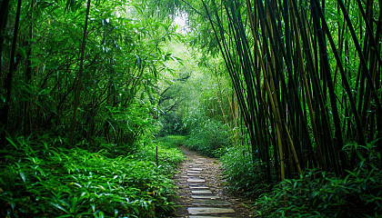 A rugged path winding through a dense bamboo forest.
