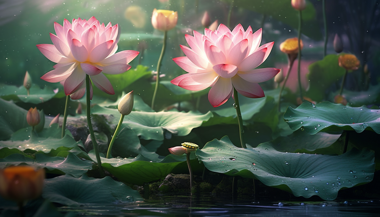 Exotic lotus flowers floating peacefully on a lily pond.