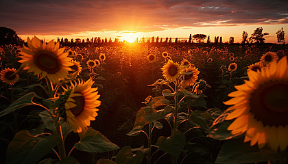 A field of sunflowers turning to face the morning sun.