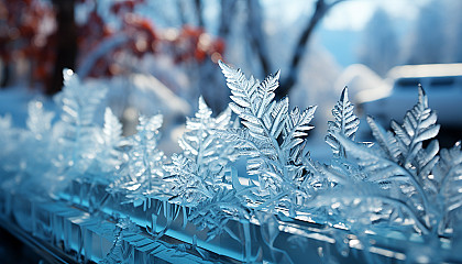 Crystallized frost forming unique, intricate patterns on a windowpane.