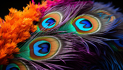 The vivid colors and patterns of a peacock feather, seen up close.