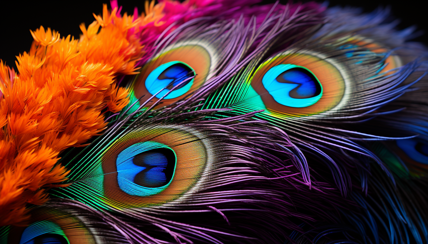 The vivid colors and patterns of a peacock feather, seen up close.