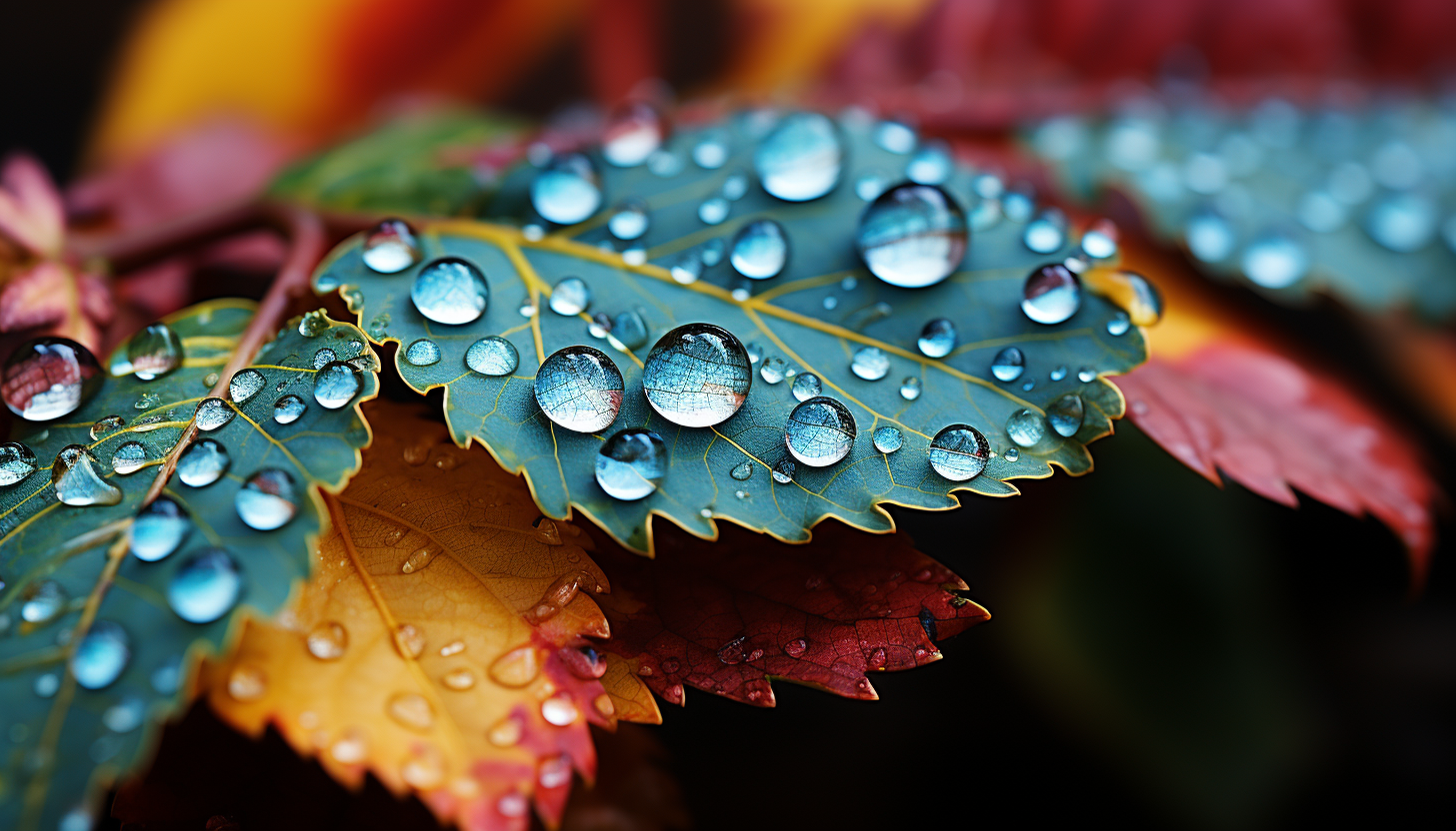 Extreme close-up of dew drops on a vibrant leaf, revealing the intricate vein patterns.