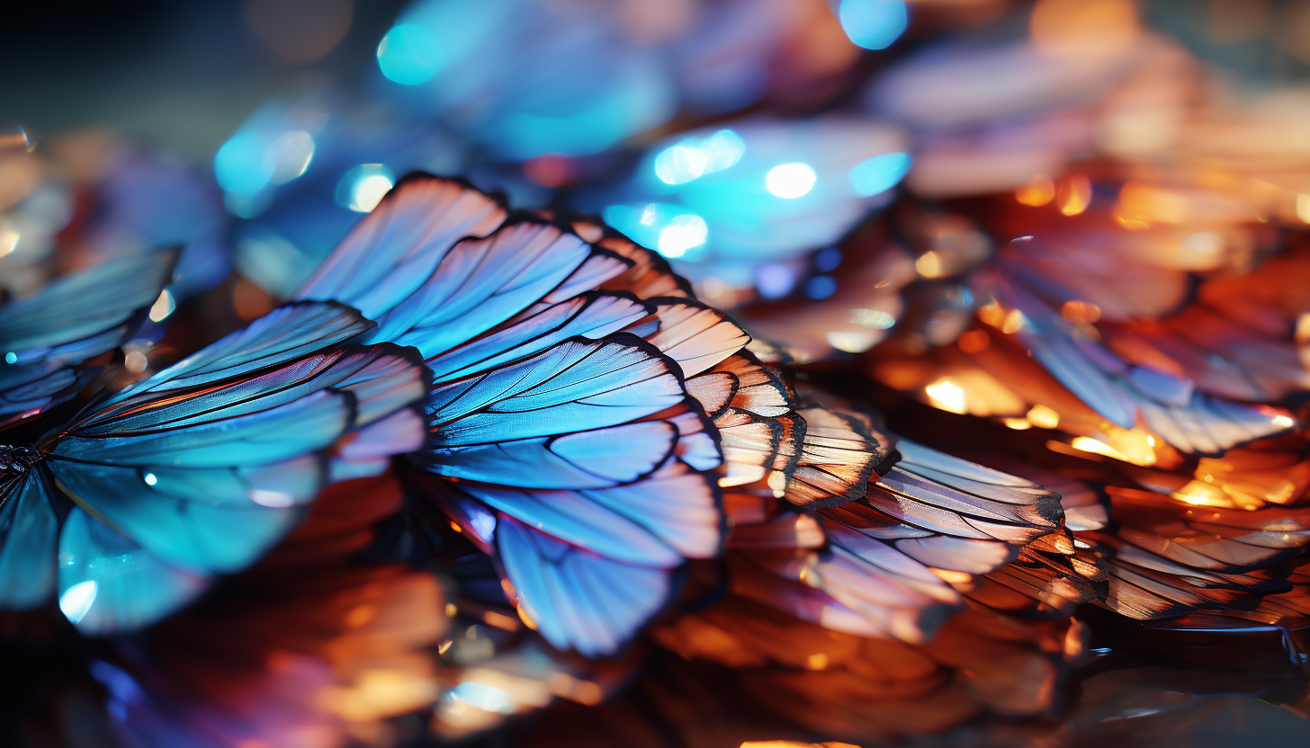 Close-up of the iridescent scales of a butterfly wing, shimmering in the sunlight.