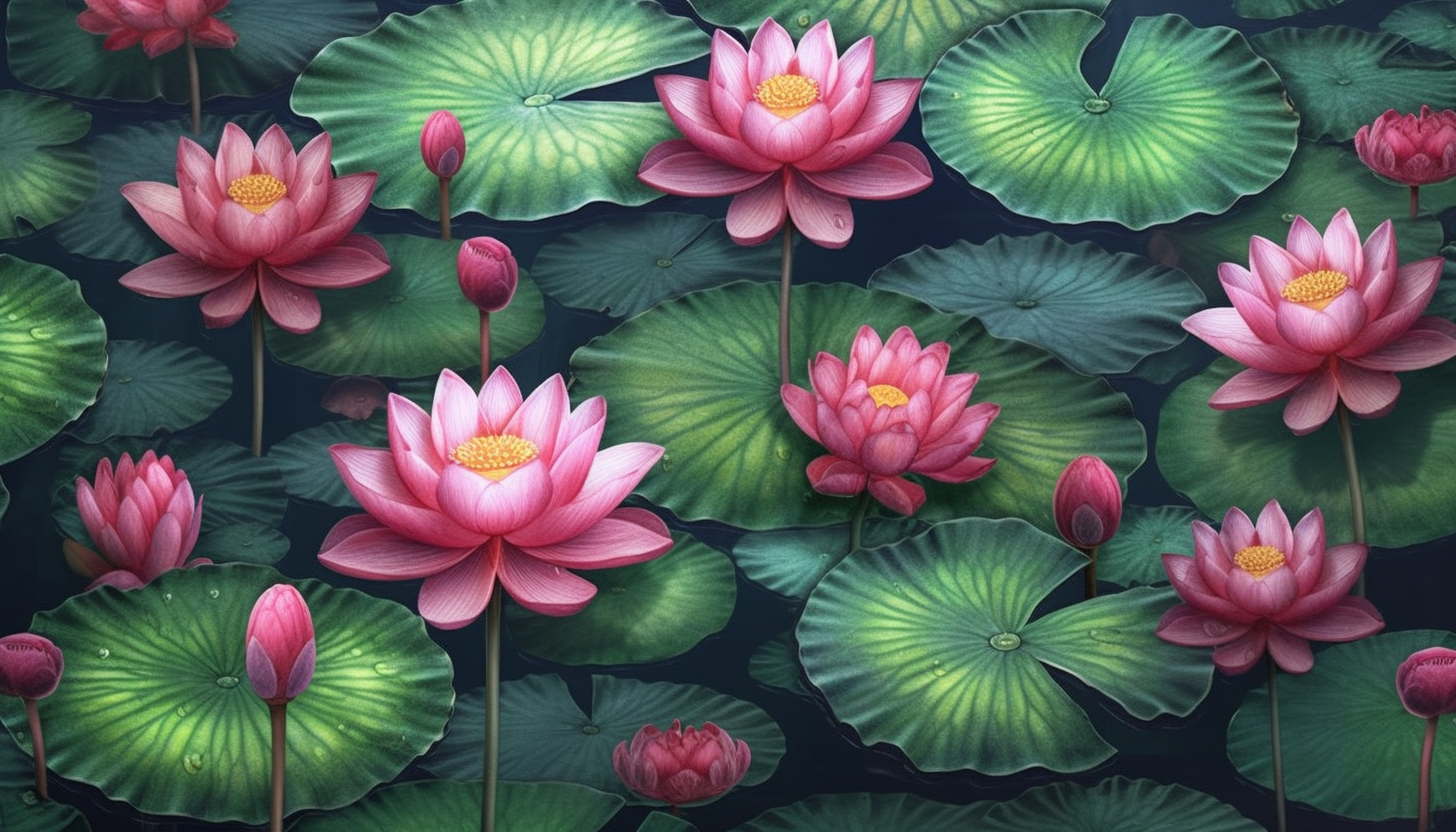 Exotic lotus flowers floating peacefully on a lily pond.
