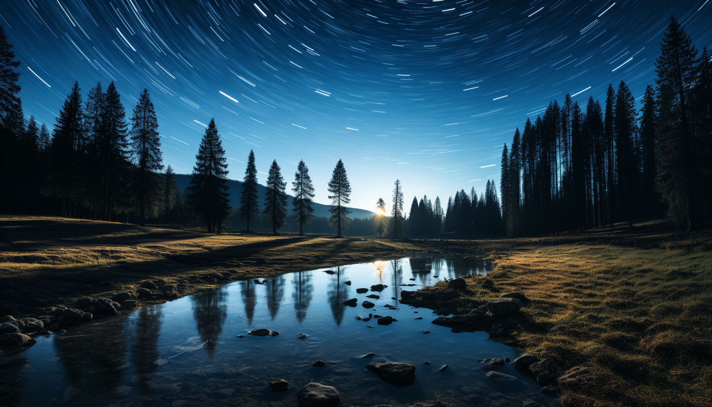 Star trails illuminating the sky over a tranquil, untouched wilderness.