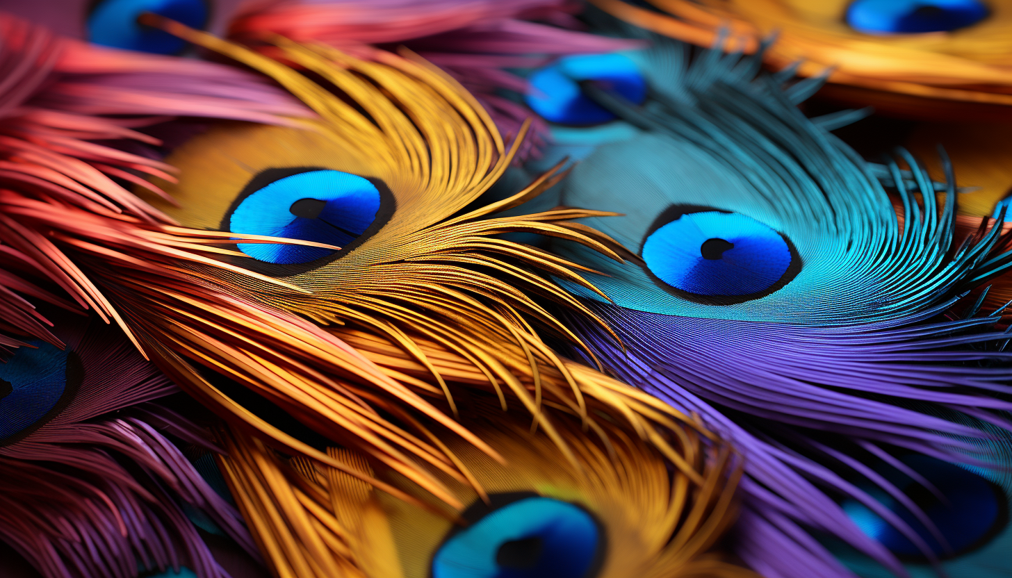 Close-up of peacock feathers, highlighting the iridescent colors and intricate patterns.