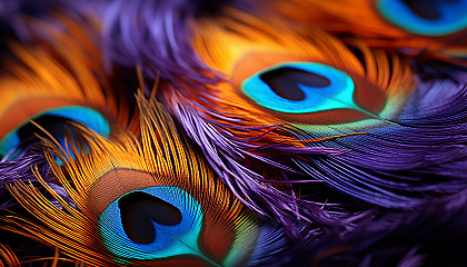 The dazzling colors and patterns of a peacock feather in close detail.