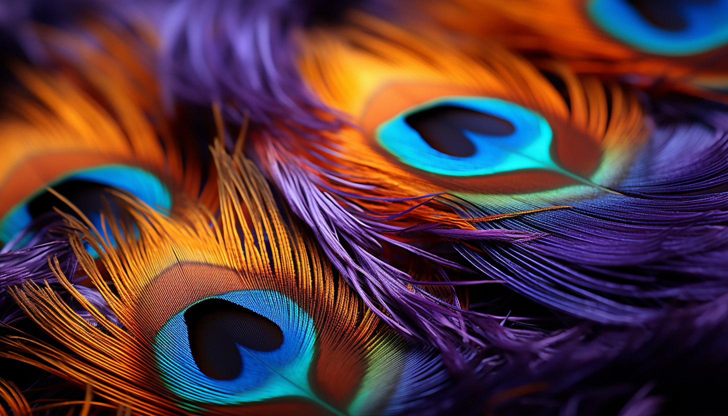 The dazzling colors and patterns of a peacock feather in close detail.
