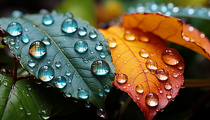 Extreme close-up of dewdrops on a leaf, refracting sunlight into a rainbow of colors.